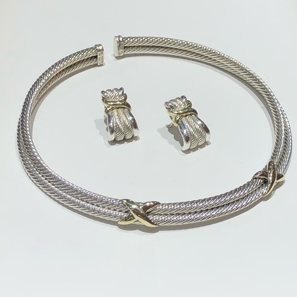 David Yurman Gold and Silver Two Tone Cable Necklace and Earring Set! - Picture 2 of 8
